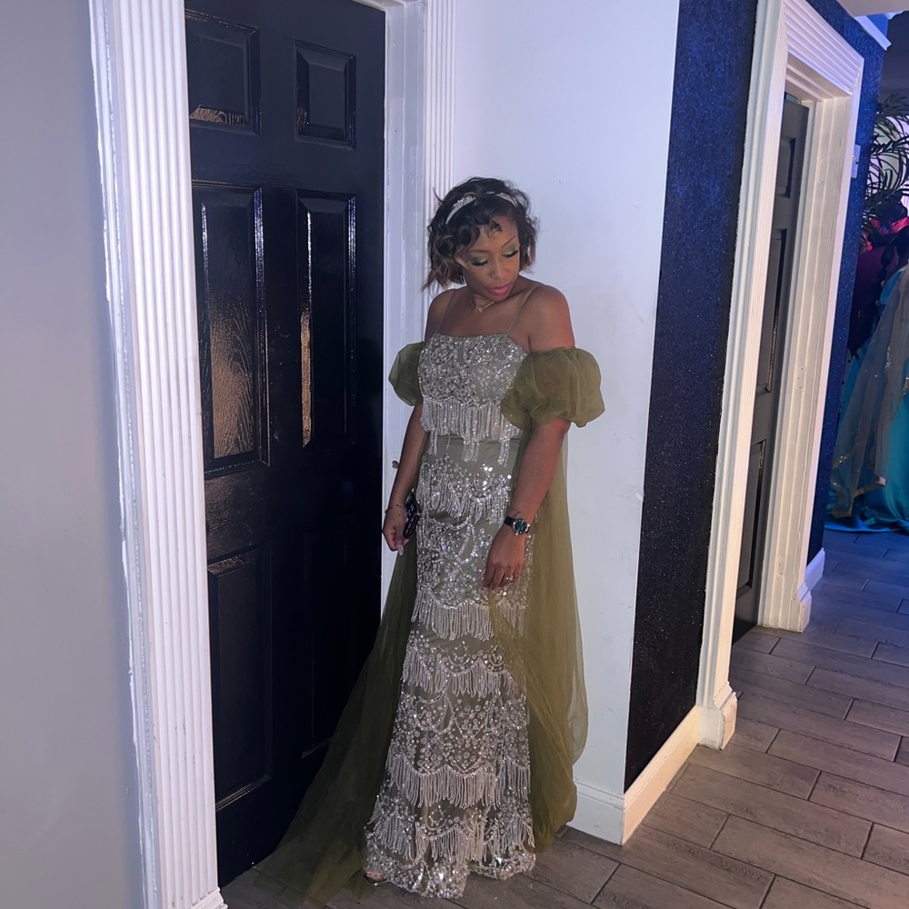 Elegant Green and Silver Off-Shoulder Gown